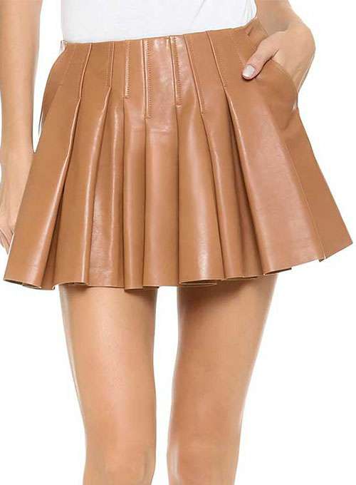 Tan Pleated Leather Skater Mini Skirt with Side Pockets